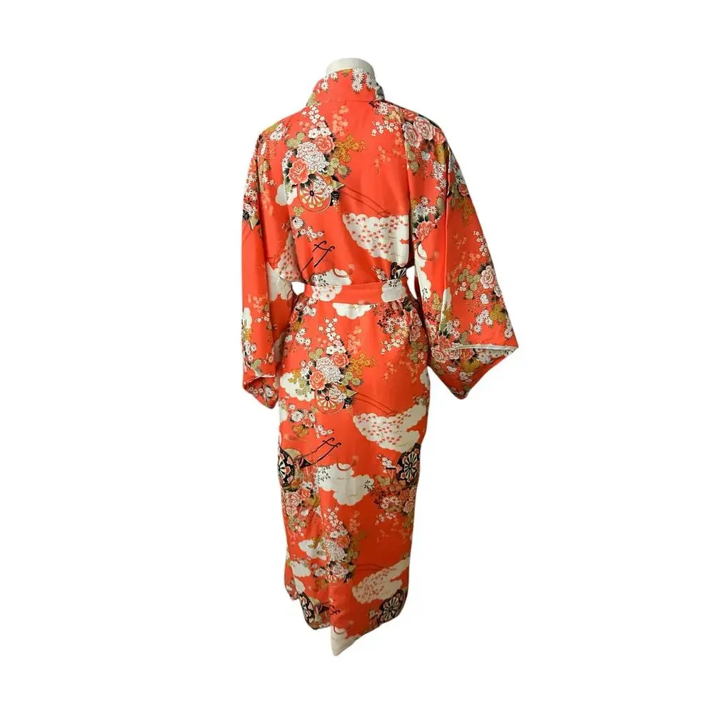 Vintage 1960s Japanese Rayon Kimono Robe Coral Floral Cloud Print Tie Waist OS -